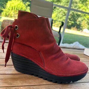 Fly London Yama Red Oiled Wedge Booties 10